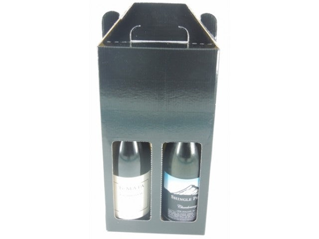 2 Bottle Wine Carry Cardboard Box BLACK Gloss with display window